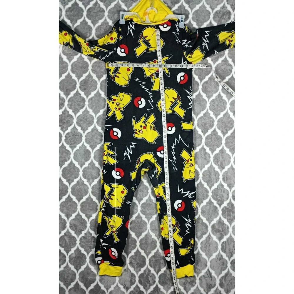 Pokemon One Piece Pajamas Boy Size 12 Black Yellow Pikachu Hooded Fleece Sleeper